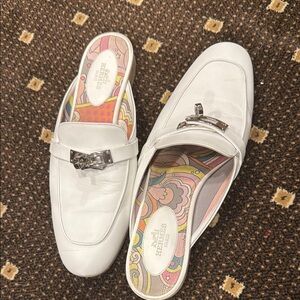 Hermes White Mules with Elegant Metallic Detail